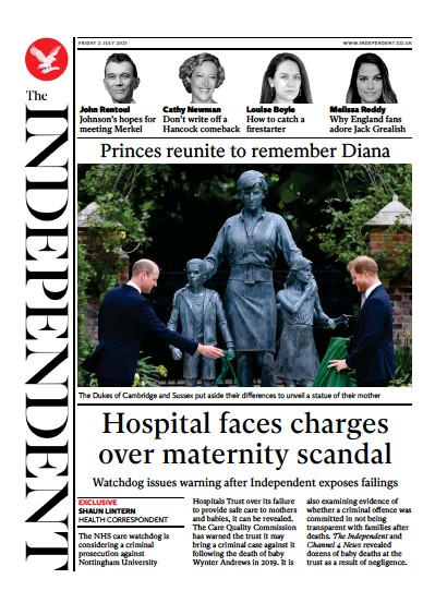 The Independent (UK) Newspaper Front Page for 3 July 2021