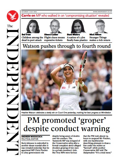 The Independent (UK) Newspaper Front Page for 3 July 2022