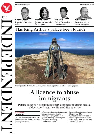 The Independent (UK) Newspaper Front Page for 3 August 2016