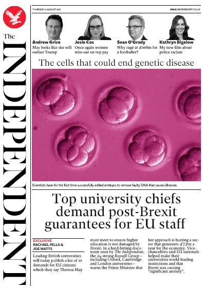 The Independent Newspaper Front Page for 3 August 2017