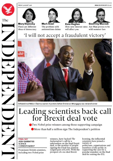 The Independent Newspaper Front Page for 3 August 2018
