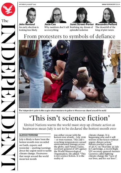 The Independent Newspaper Front Page for 3 August 2019