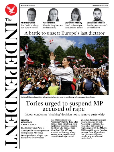 The Independent (UK) Newspaper Front Page for 3 August 2020