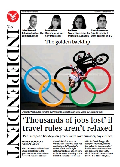 The Independent (UK) Newspaper Front Page for 3 August 2021