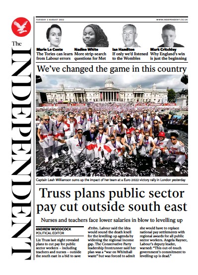 The Independent (UK) Newspaper Front Page for 3 August 2022
