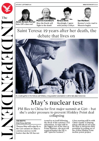 The Independent Newspaper Front Page for 3 September 2016