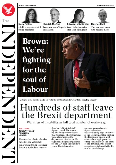 The Independent Newspaper Front Page for 3 September 2018