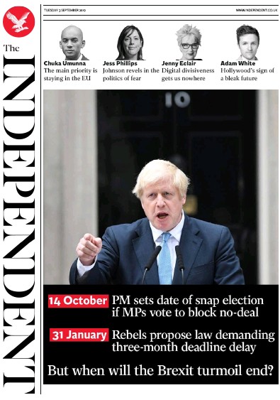 The Independent Newspaper Front Page for 3 September 2019