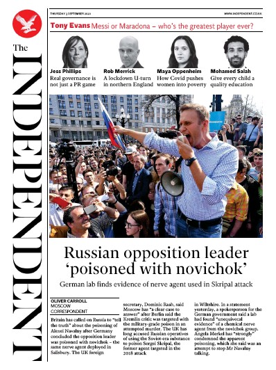 The Independent Newspaper Front Page for 3 September 2020