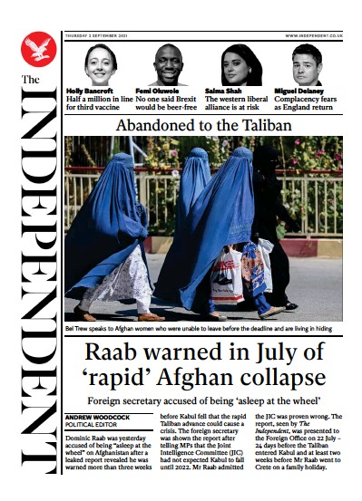 The Independent (UK) Newspaper Front Page for 3 September 2021