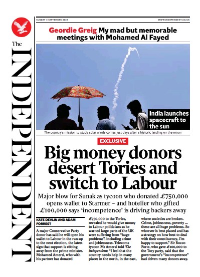 The Independent (UK) Newspaper Front Page for 3 September 2023