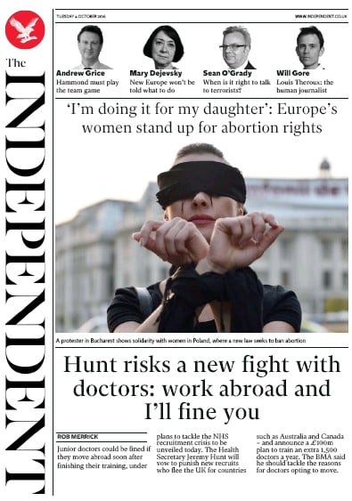 The Independent Newspaper Front Page for 4 October 2016