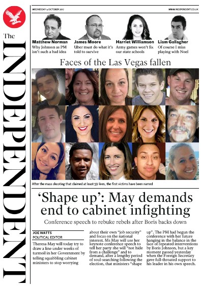 The Independent Newspaper Front Page for 4 October 2017