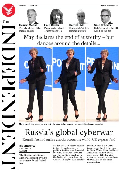 The Independent Newspaper Front Page for 4 October 2018