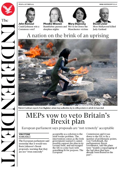 The Independent Newspaper Front Page for 4 October 2019