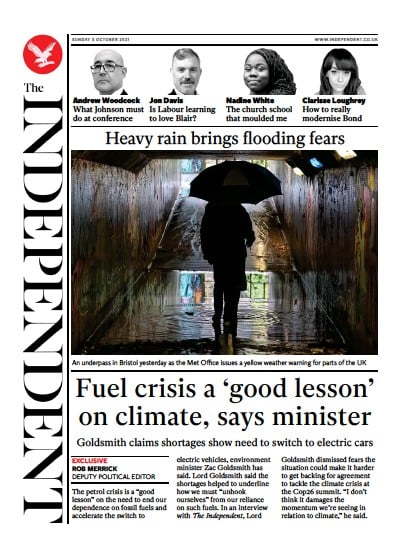 The Independent (UK) Newspaper Front Page for 4 October 2021
