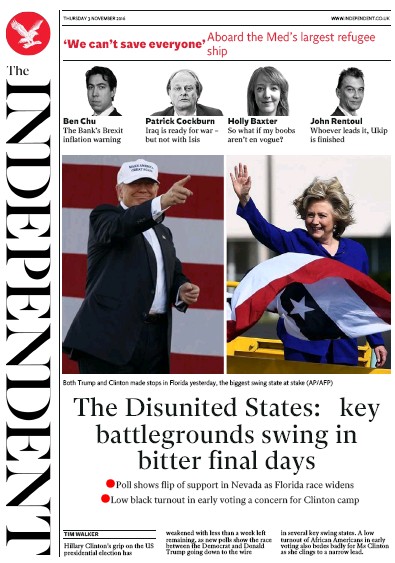 The Independent Newspaper Front Page for 4 November 2016