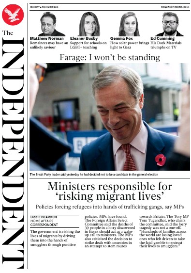The Independent Newspaper Front Page for 4 November 2019
