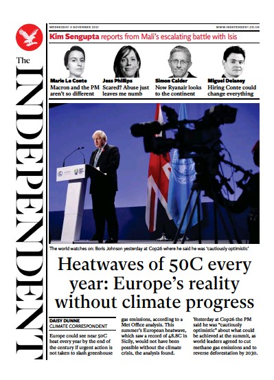 The Independent (UK) Newspaper Front Page for 4 November 2021
