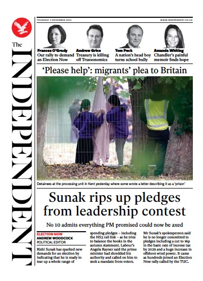 The Independent (UK) Newspaper Front Page for 4 November 2022