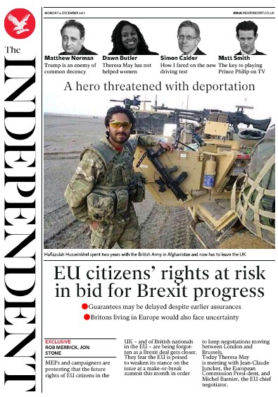 The Independent Newspaper Front Page for 4 December 2017