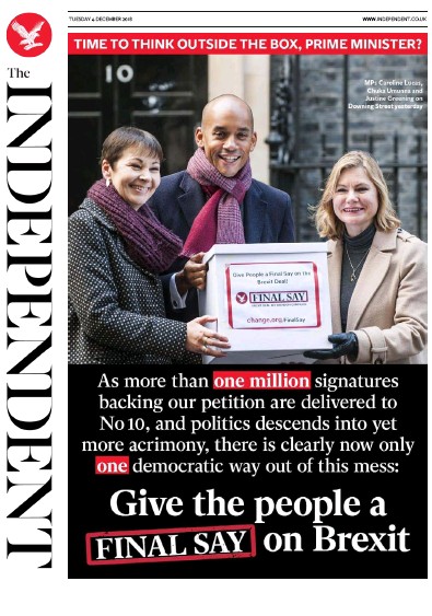 The Independent (UK) Newspaper Front Page for 4 December 2018