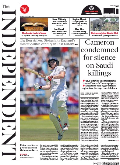 The Independent (UK) Newspaper Front Page for 4 January 2016