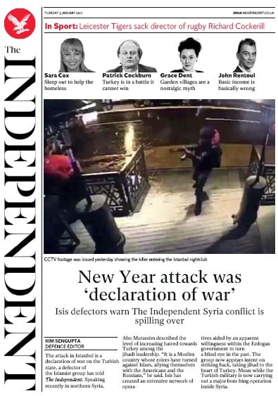 The Independent (UK) Newspaper Front Page for 4 January 2017