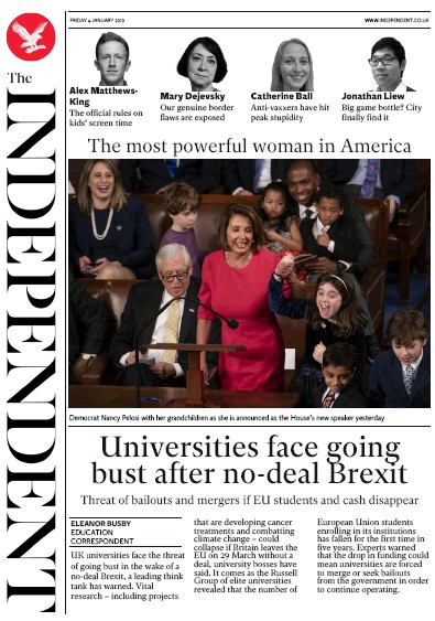 The Independent Newspaper Front Page for 4 January 2019
