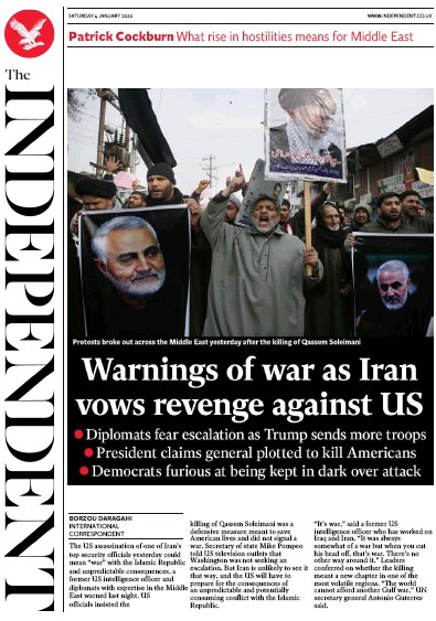 The Independent (UK) Newspaper Front Page for 4 January 2020
