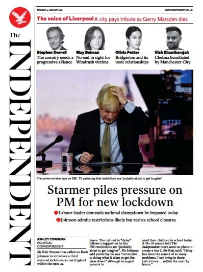 The Independent Newspaper Front Page for 4 January 2021