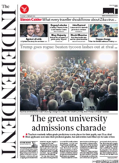The Independent Newspaper Front Page for 4 February 2016