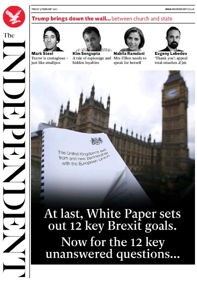 The Independent (UK) Newspaper Front Page for 4 February 2017