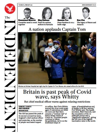 The Independent Newspaper Front Page for 4 February 2021