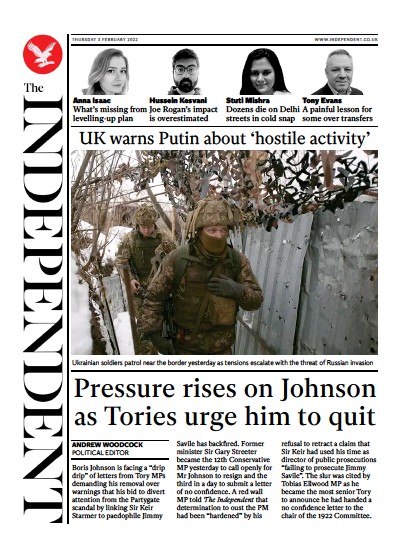 The Independent (UK) Newspaper Front Page for 4 February 2022