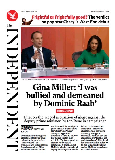 The Independent (UK) Newspaper Front Page for 4 February 2023