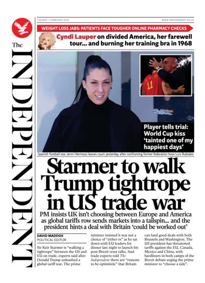 The Independent (UK) Newspaper Front Page for 4 February 2025