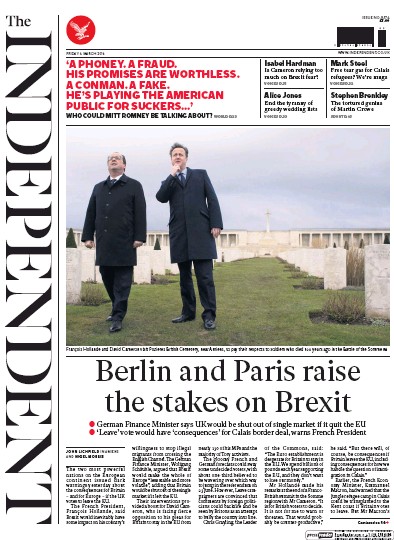 The Independent Newspaper Front Page for 4 March 2016