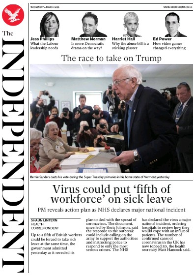 The Independent Newspaper Front Page for 4 March 2020