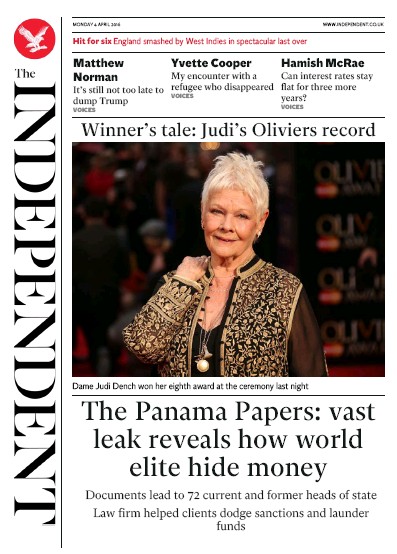The Independent Newspaper Front Page for 4 April 2016