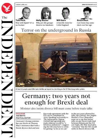 The Independent Newspaper Front Page for 4 April 2017