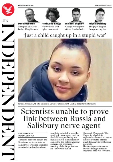 The Independent Newspaper Front Page for 4 April 2018
