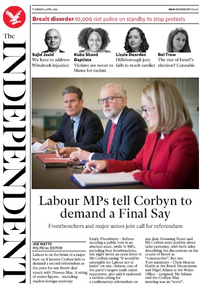 The Independent (UK) Newspaper Front Page for 4 April 2019