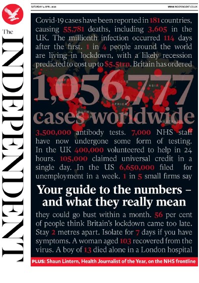 The Independent Newspaper Front Page for 4 April 2020