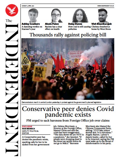 The Independent (UK) Newspaper Front Page for 4 April 2021