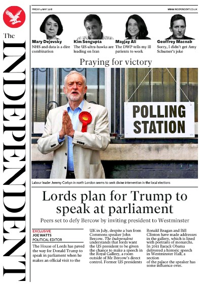 The Independent Newspaper Front Page for 4 May 2018