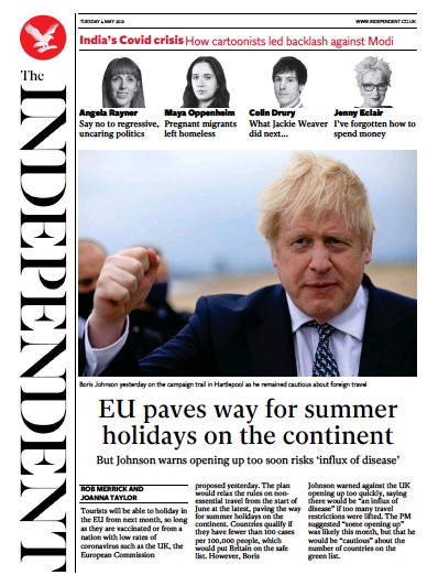 The Independent (UK) Newspaper Front Page for 4 May 2021