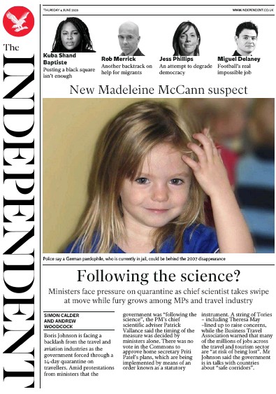 The Independent Newspaper Front Page for 4 June 2020