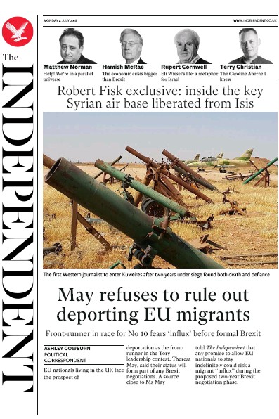 The Independent (UK) Newspaper Front Page for 4 July 2016