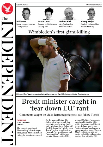 The Independent (UK) Newspaper Front Page for 4 July 2017